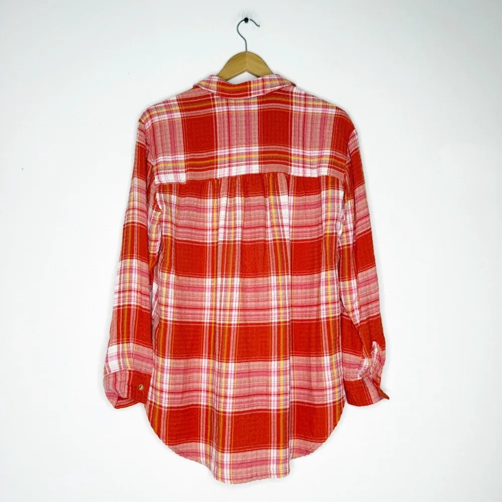 Pilcro Anthropologie The Hadley Relaxed Button-Down Shirt Orange Plaid XS - Image 3