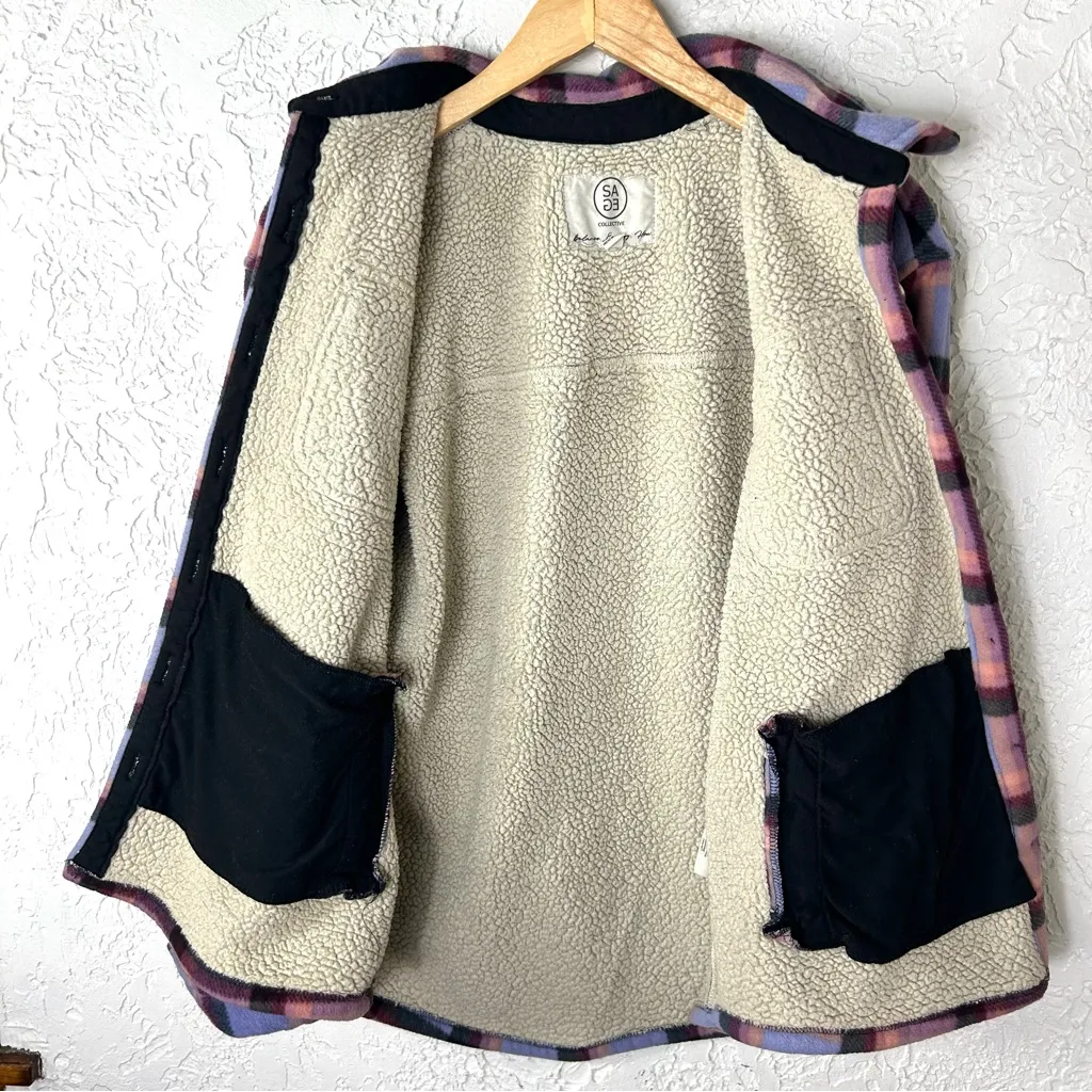 SAGE Collective Purple Plaid Sherpa Shacket Button Front Size L Size L - Image 10