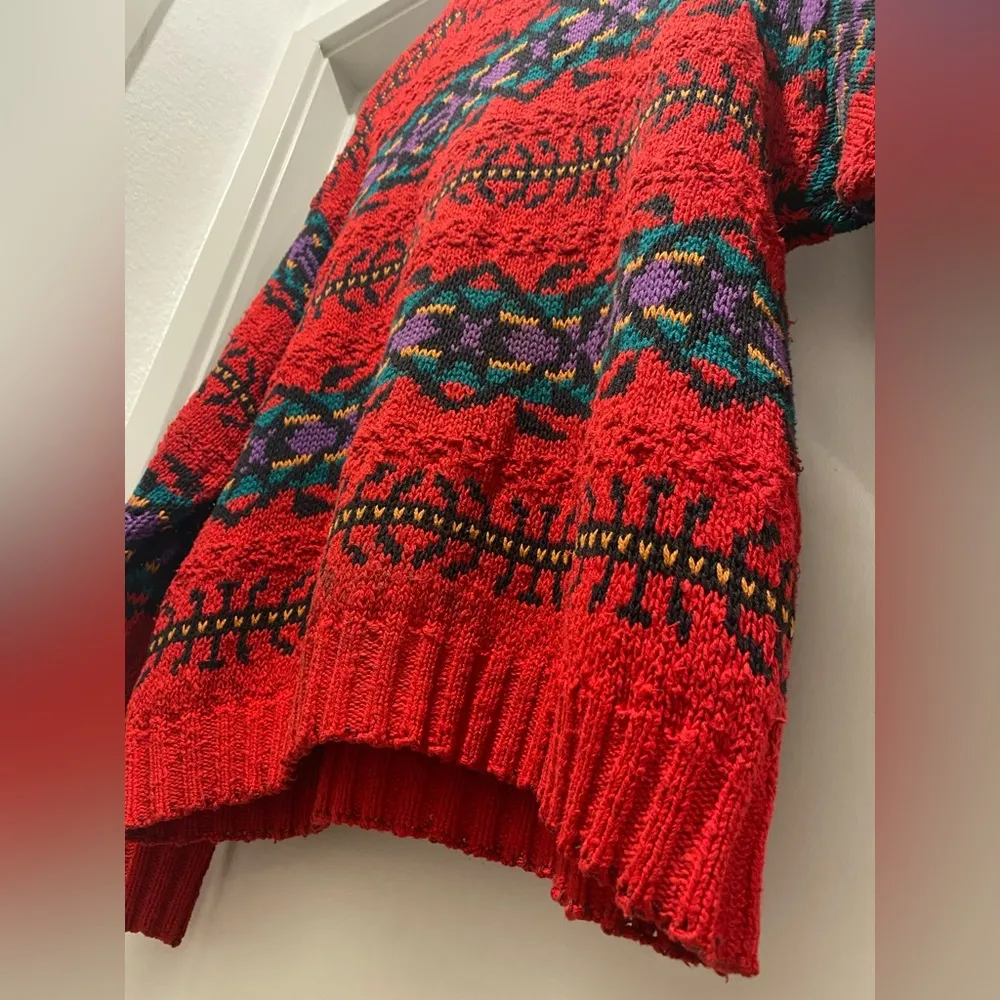 VTG 90s  Red Tribal Print Knitted Crew Neck Long Sleeve Sweater - M - Image 9