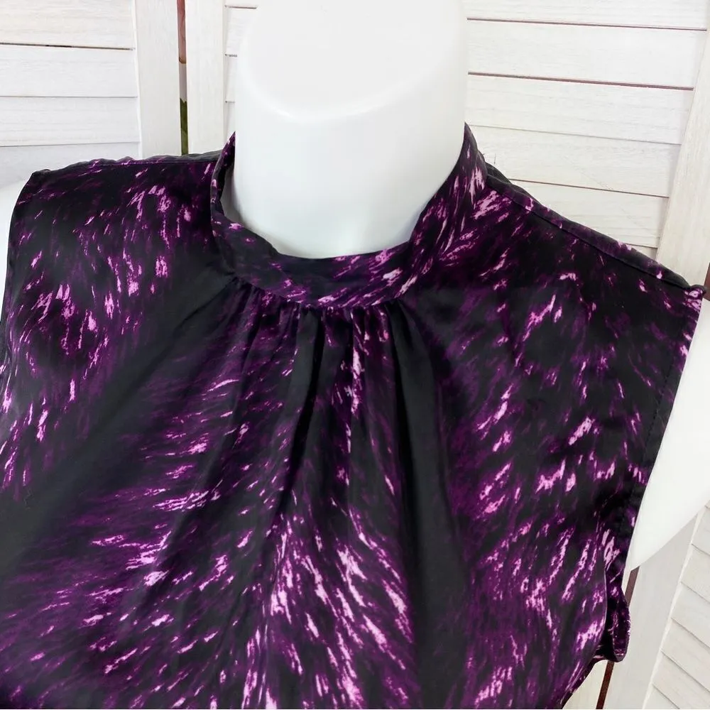 Vince Camuto Satin Printed Pleated  Mock Neck Sleeveless Blouse Purple 12‎ - Image 7