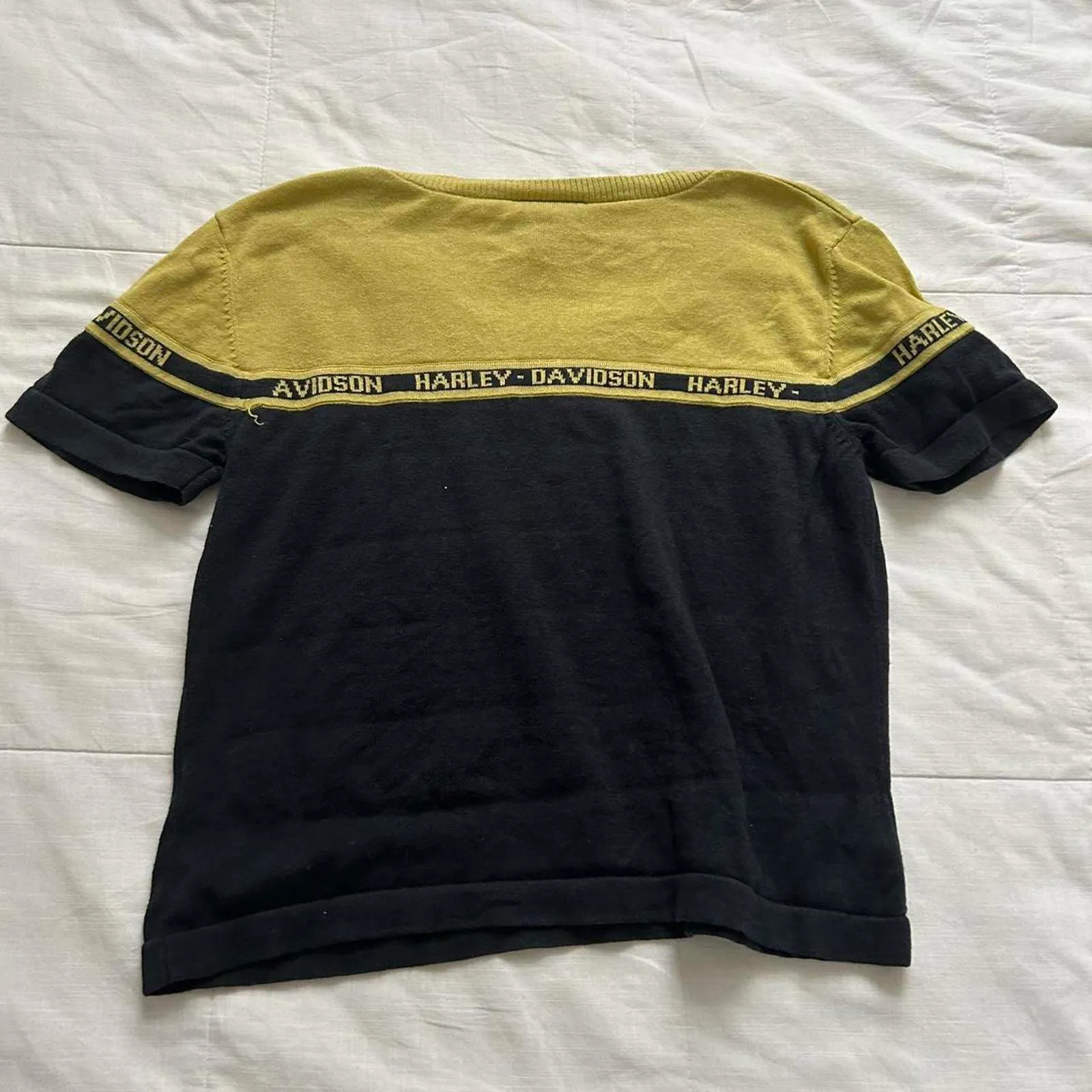 Y2K Harley Davidson greenish yellow and black knit logo intarsia sweater Size M - Image 5