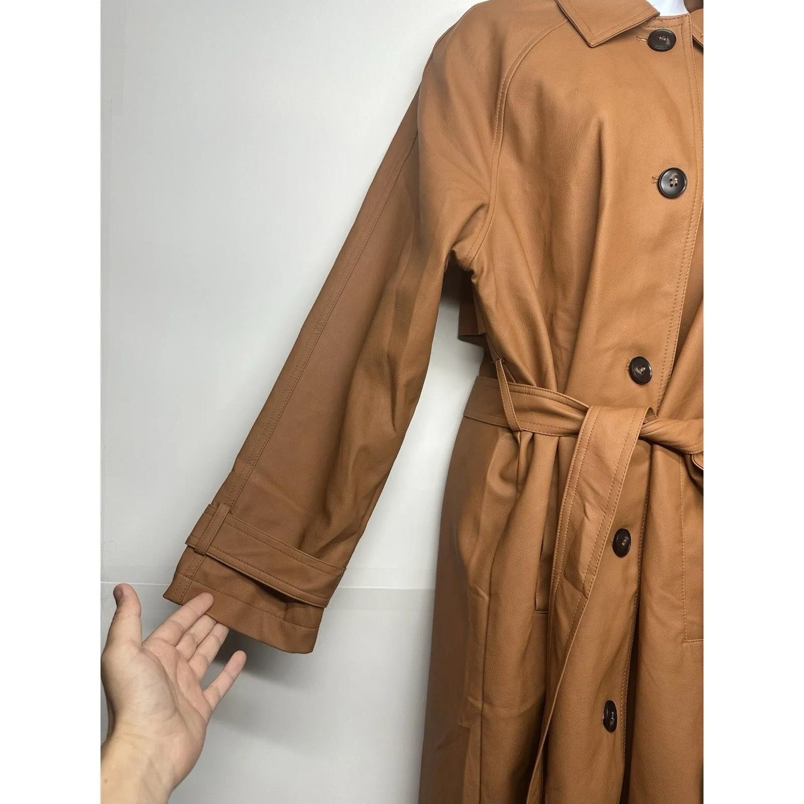 Haute Monde Women's Trench Coat Size Large Dark Brown Belted Faux Leather - Image 2