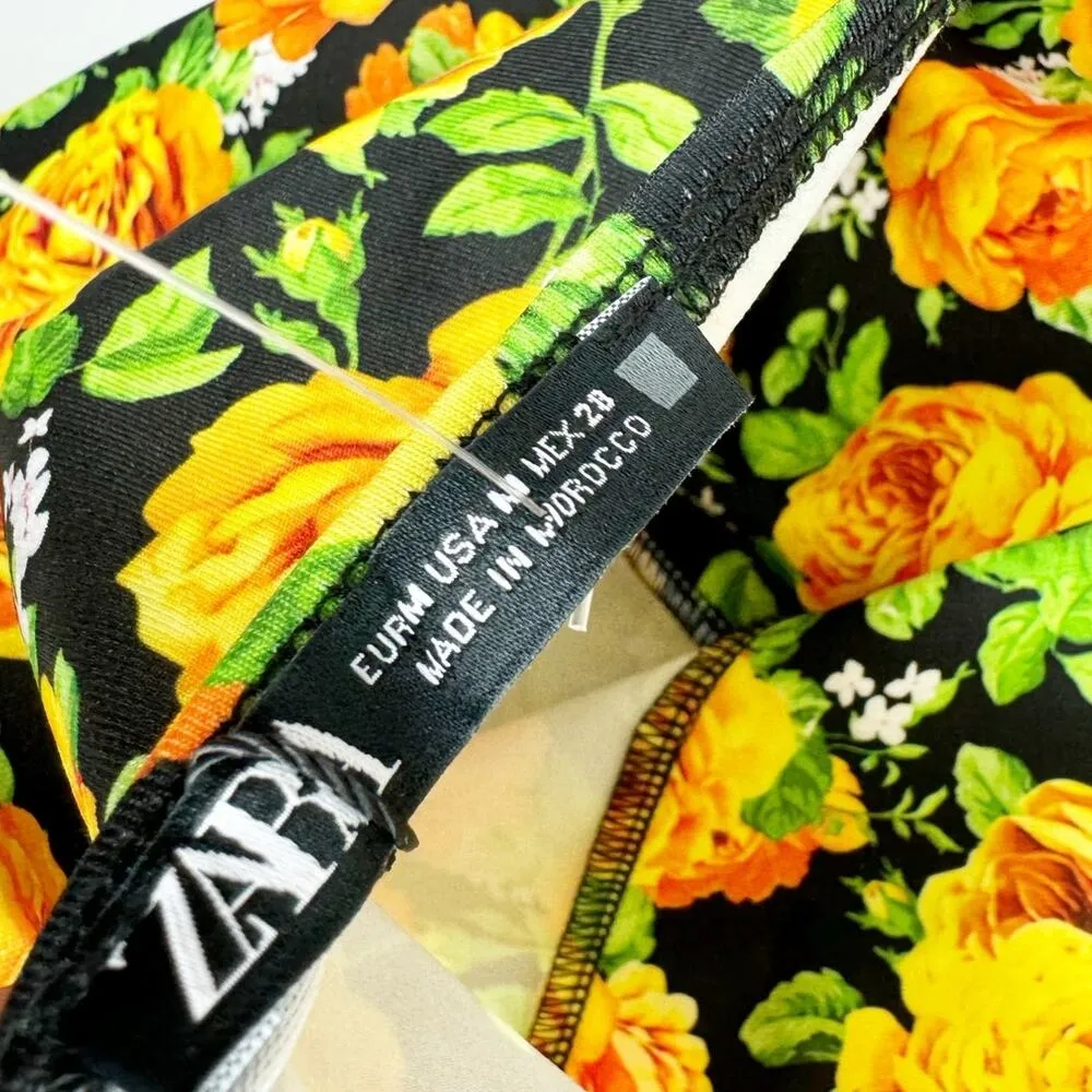 Zara Womens Criss Cross Halter Bodysuit Yellow Floral Black Medium - Image 8
