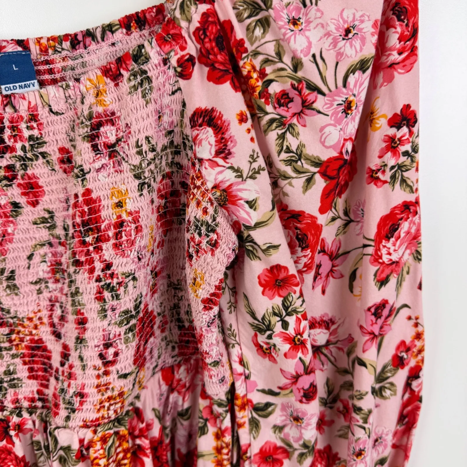 Old Navy Pink Floral Smocked Square‎ Neck Mini Dress Large Sundress Cottage Boho - Image 3