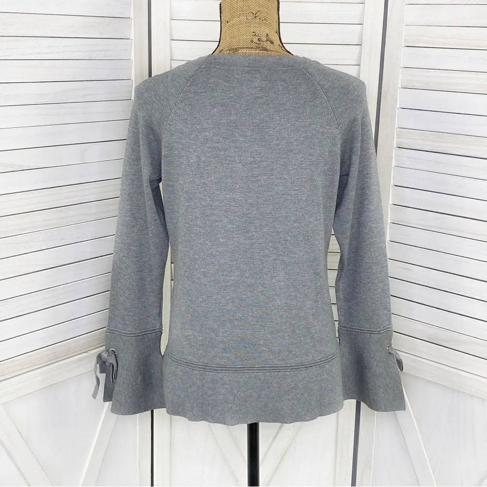 Isela Grey Sweater Split Bell Tie Cuff Tiered Hem Pullover Small Gray - Image 4