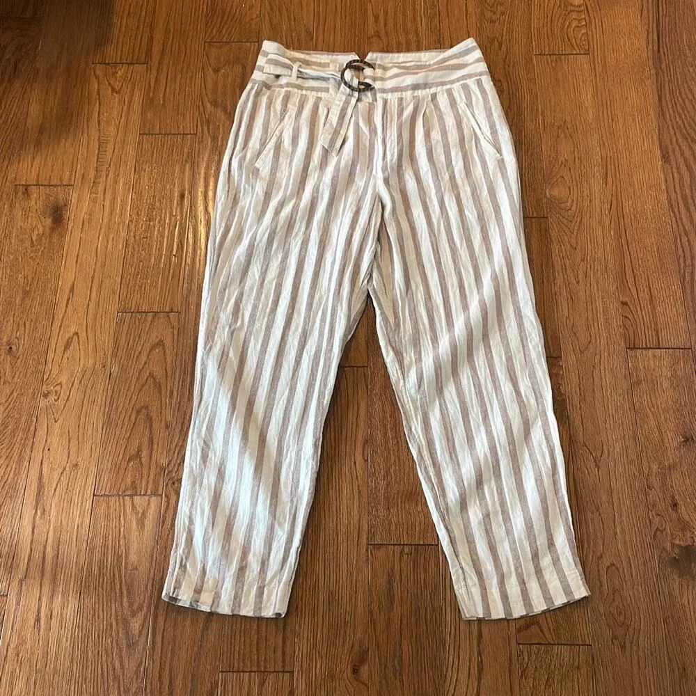 By Anthropologie linen blend striped tapered pant with buckle loop waist 12 - Image 2