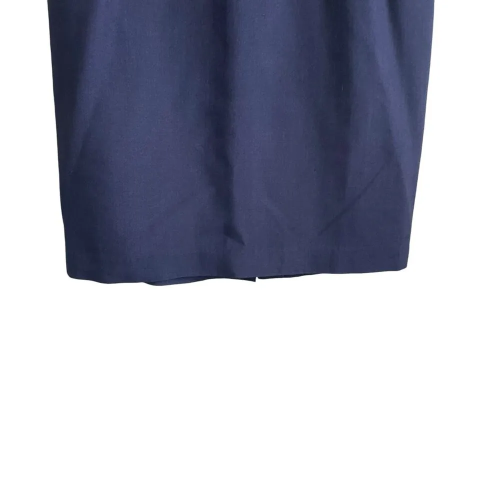 Women Pencil Skirt 10 Navy Midi Length Rayon Linen Pleated Uniform Secretary Y2K Blue - Image 8