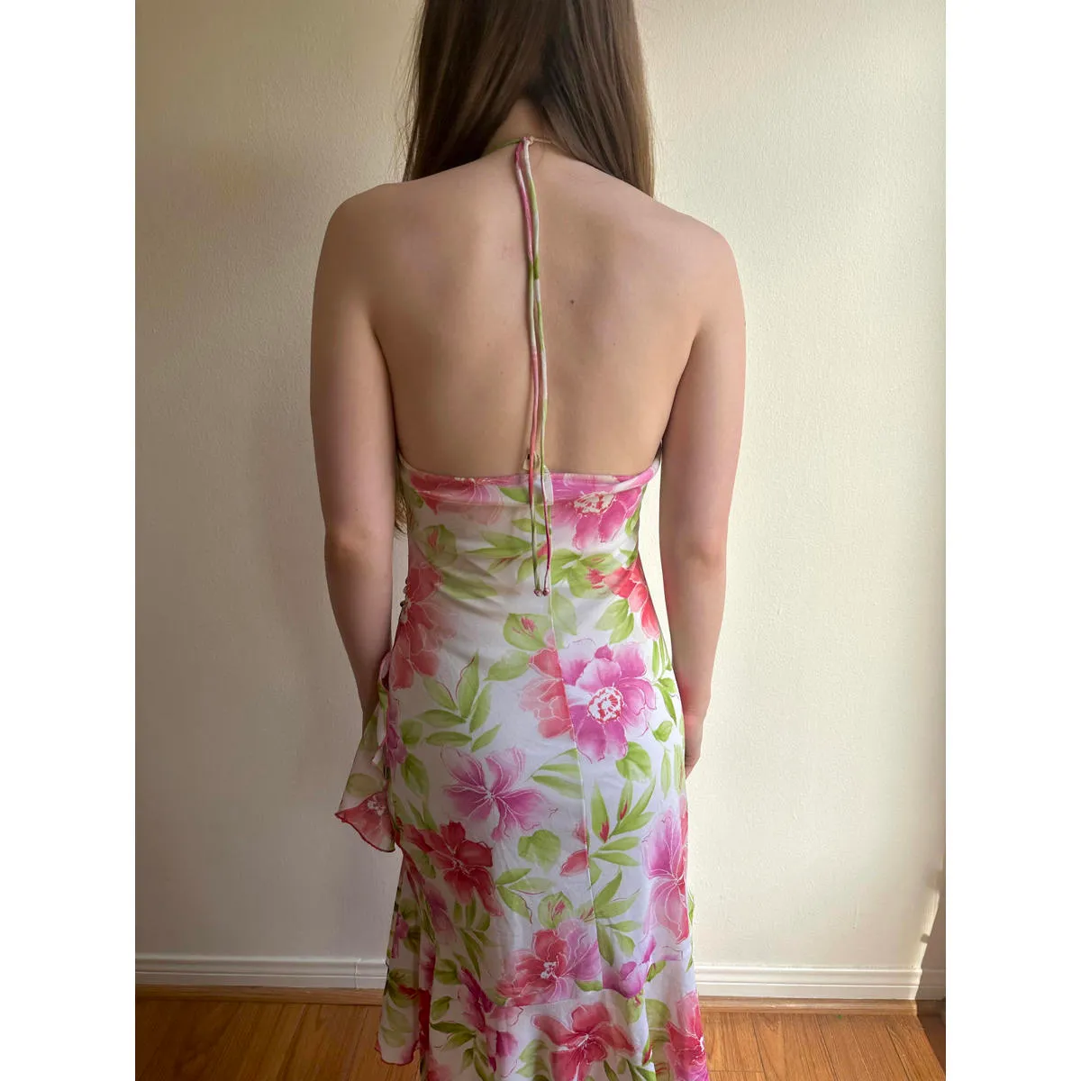 Hibiscus Pink Green and White City Triangles Halter Midi Dress - Image 6