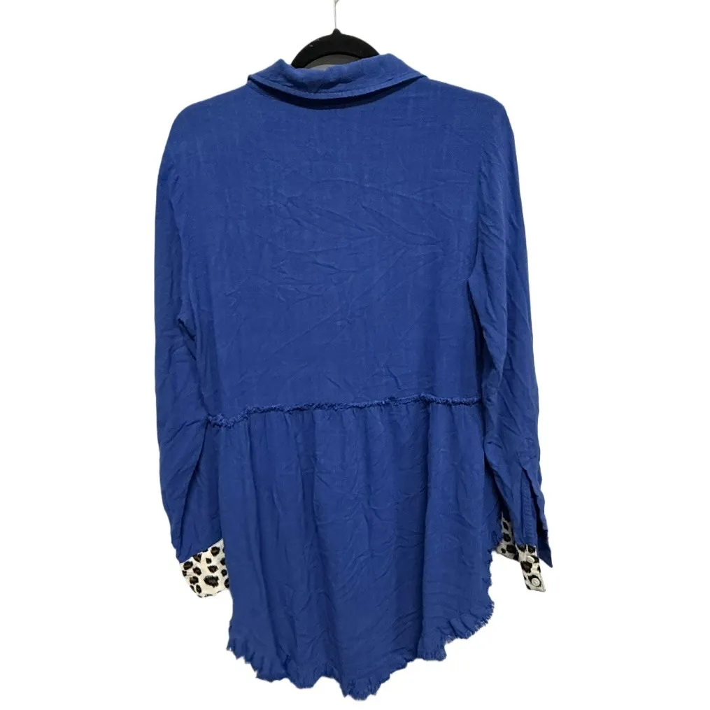 Umgee Anthropologie Blue Button Up Tunic Blouse Size Small Leopard Trim - Image 4