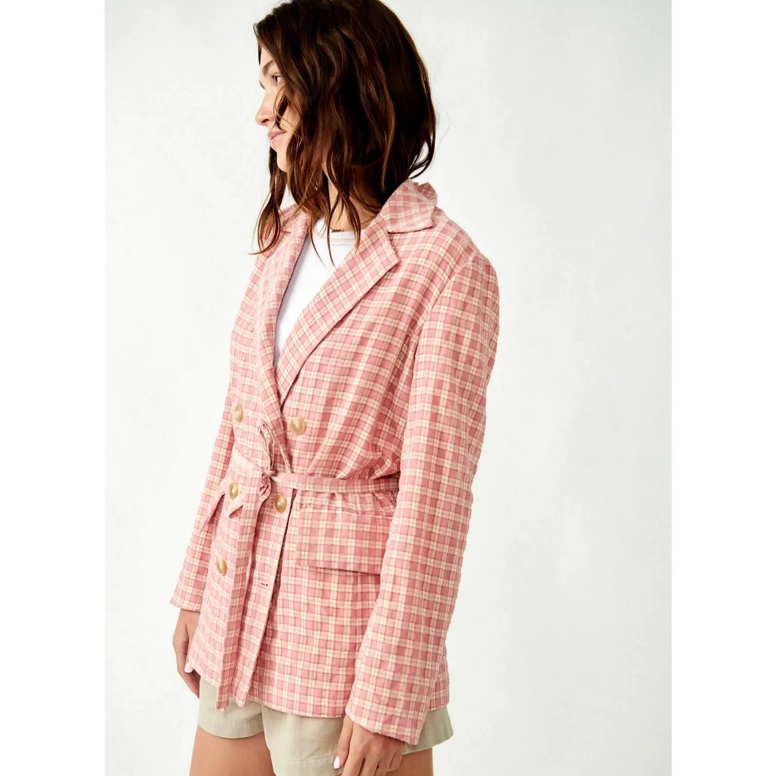Free People Olivia Plaid Blazer Pink size M - Image 2