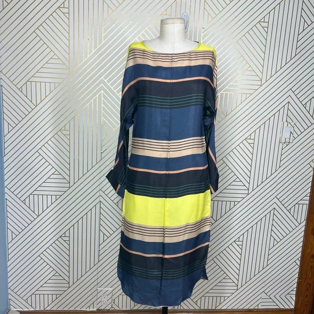 Apiece Apart Long Tunic Top Side Slits Coverup Colorful Striped Navy Blue Size 0 - Image 2