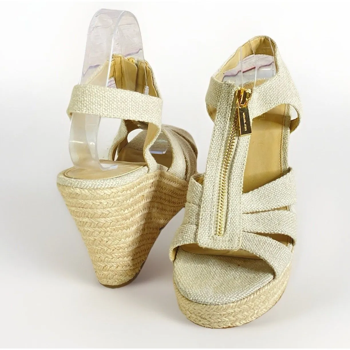 Michael Kors Berkley Women 10 Zipper Mid Wedge Sandals Platform Espadrille Linen - Image 3
