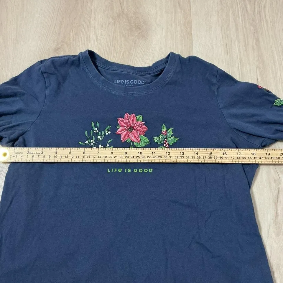 Life Is Good Womens Crusher Long Sleeve T Shirt Blue Poinsettia Floral Print M - Image 4