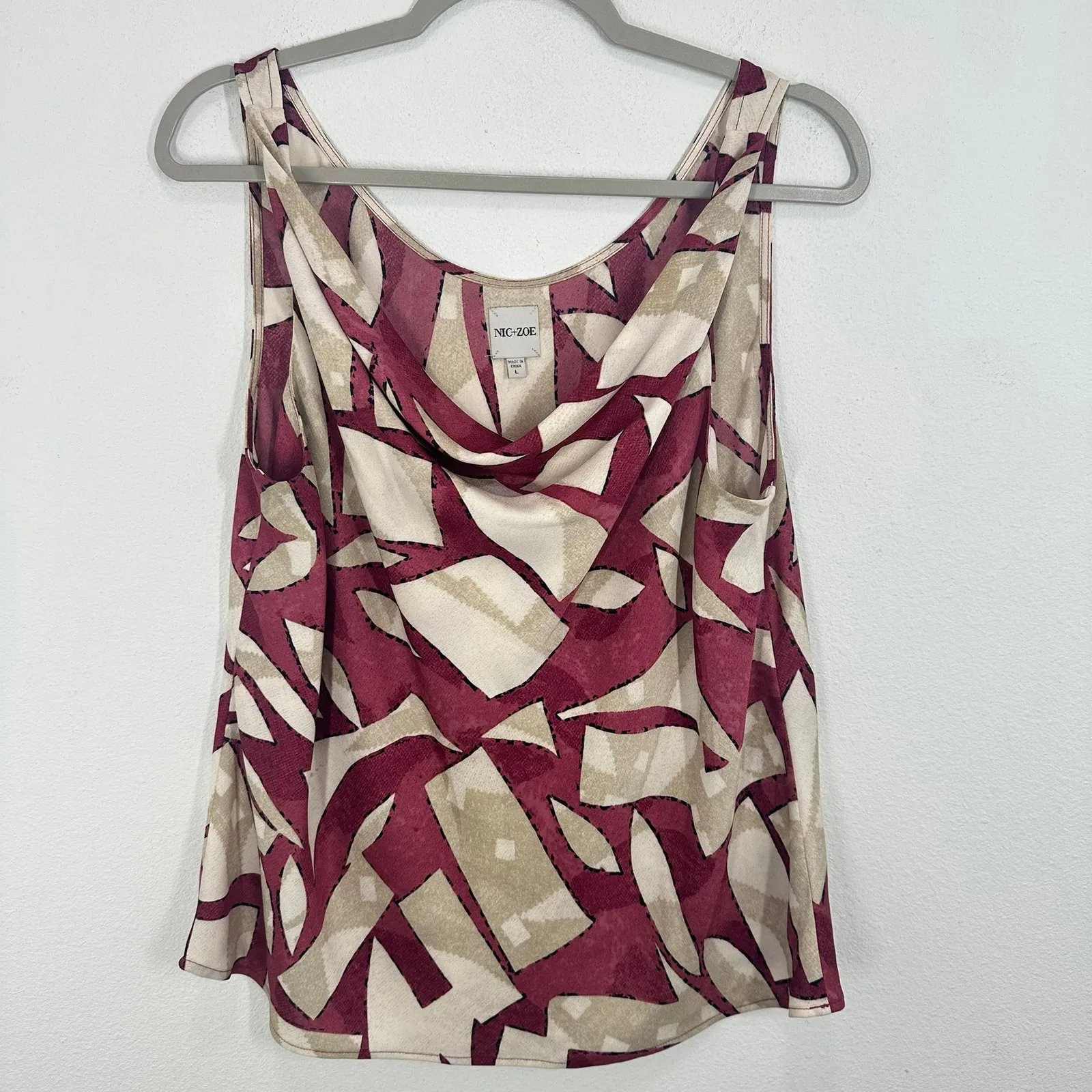 Nic+Zoe Burgundy Shadow Blocks Print‎ Shell Cowl Neck Sleeveless Career Feminine - Image 8