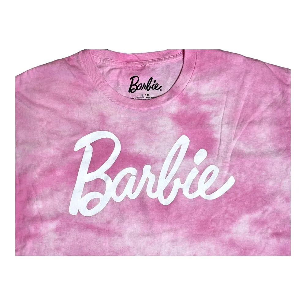 NEW Barbie Movie TEE SHIRT Womens LG Pink Tie Dye Cotton Crop Short Sleeve Top - Image 2