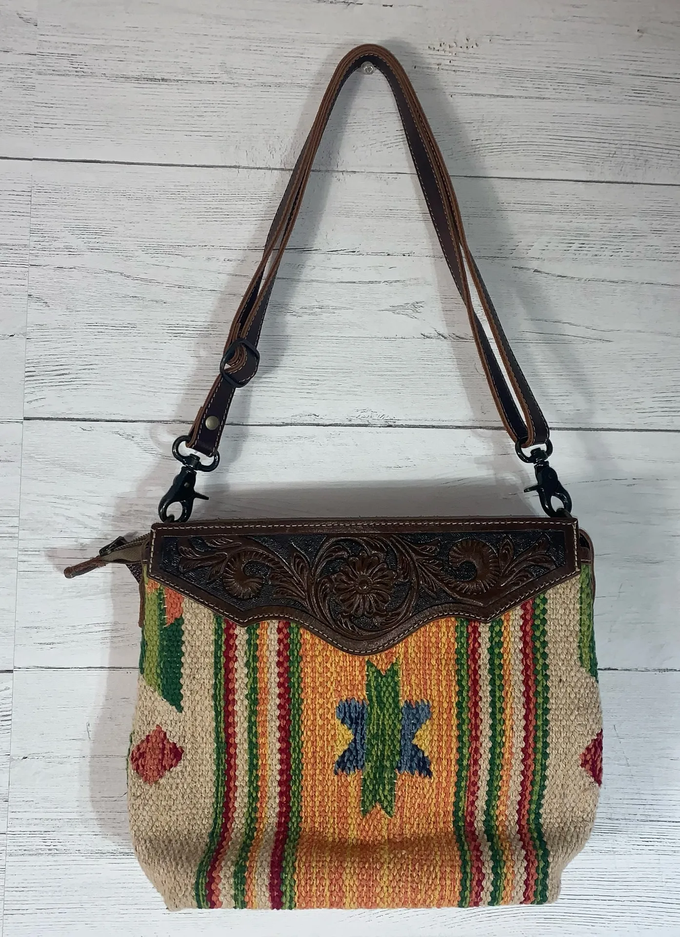 Myra handmade tooled bag leather & cotton carve detachable strap - Image 1