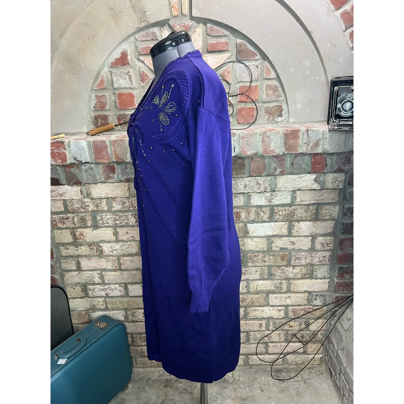 Sweater Dress beaded embellished glam 1980s shoulder pads purple Size M - Image 4