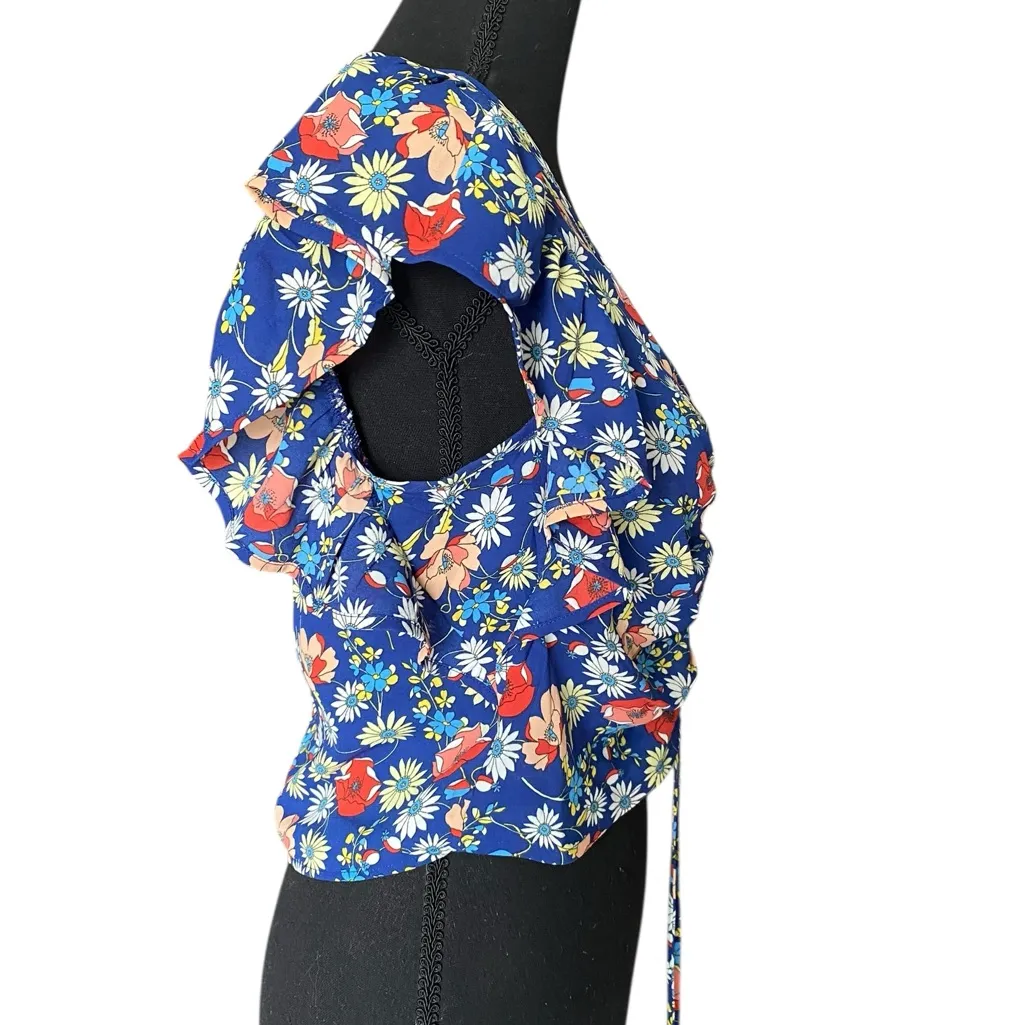 Sienna Sky Soft Blue Floral Ruched Crop Top Adjustable Strings, Flowy Sleeves - Image 3