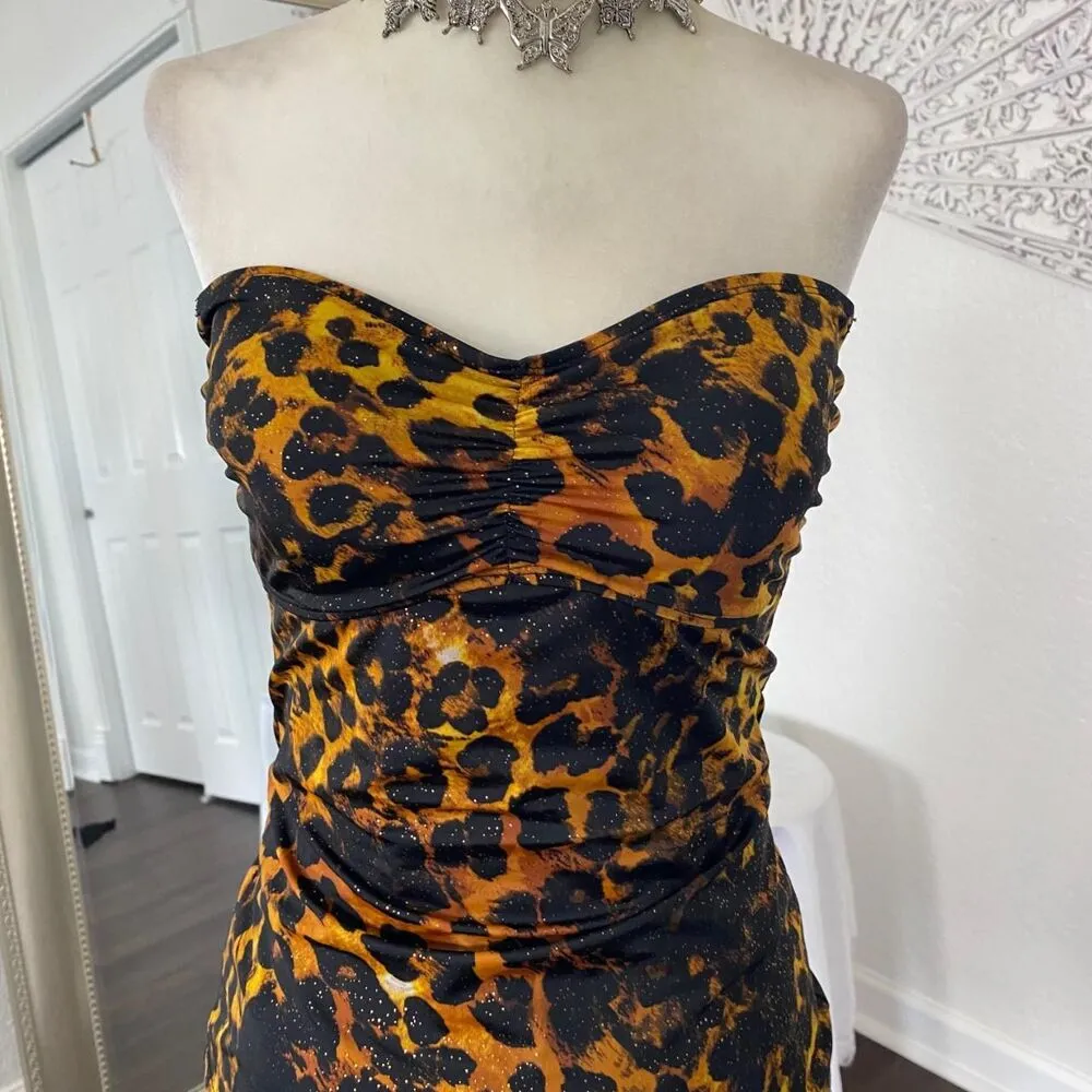 Early 2000’s Cinched Animal Print Black Gold Cheetah Glitter Tube Top M - Image 3