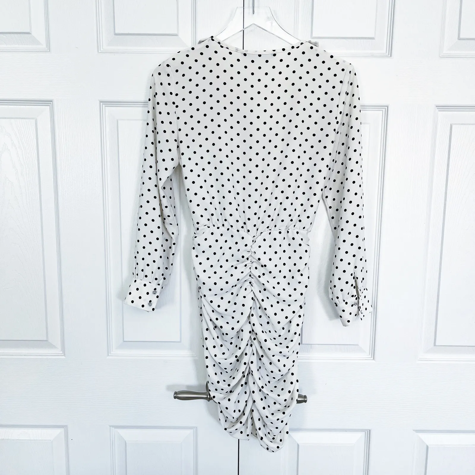 Zara Ecru White Black Polka Dot Ruched Front Long Sleeve Mini Dress - Image 8