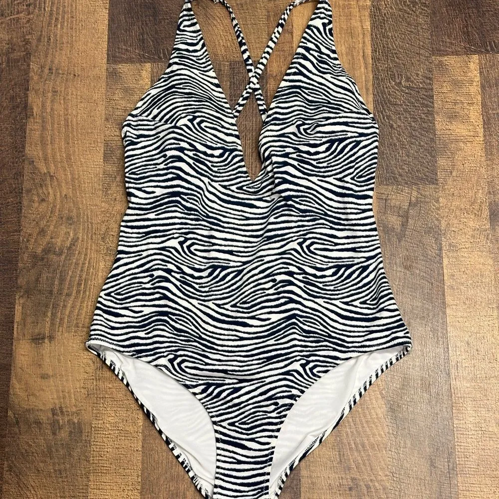 H&M One Piece Swimsuit Dark Blue Zebra Print Cross Back Size 8 - Image 3