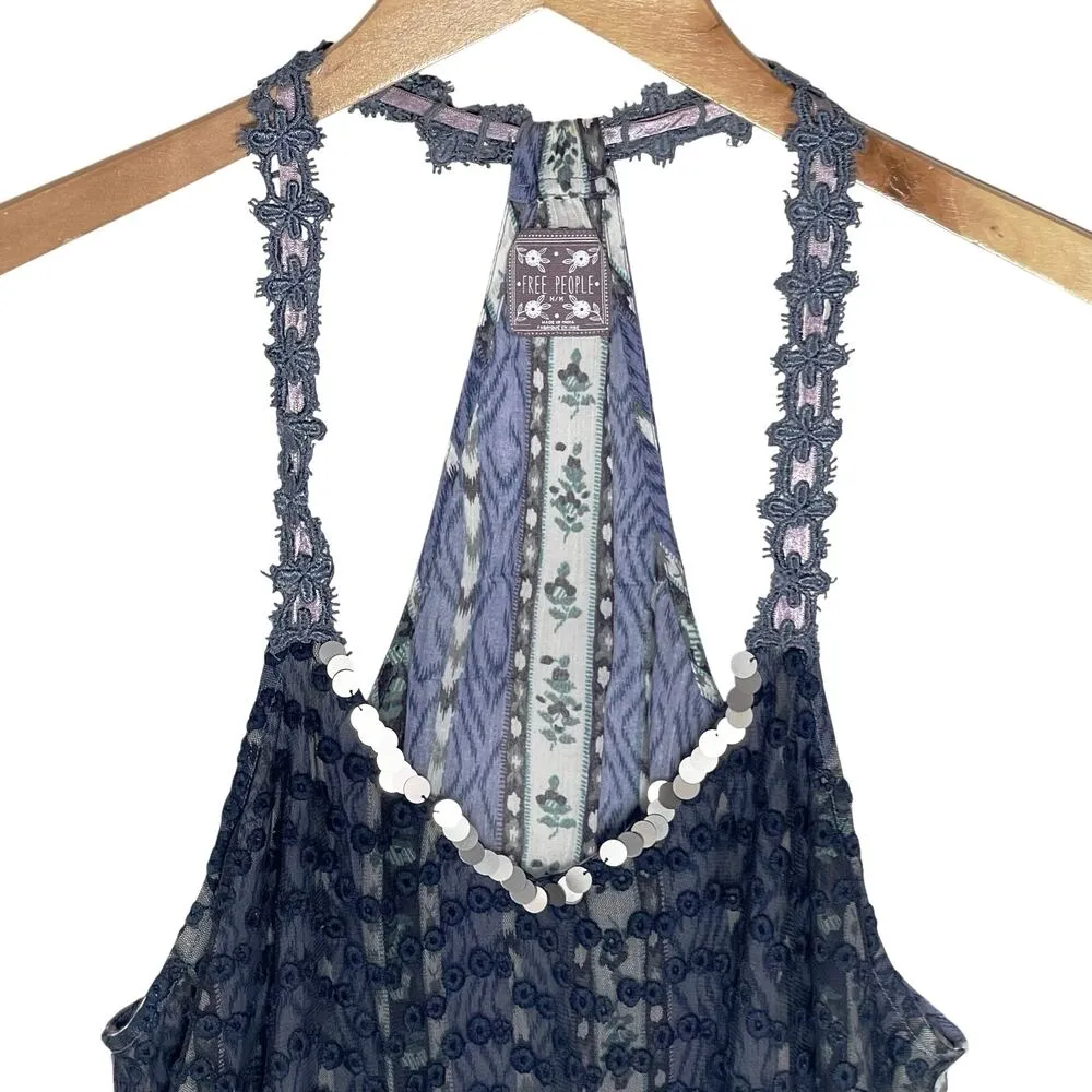 FREE PEOPLE Women’s Navy Lace Floral Sequin Trim Bubble Hem Boho Top - Image 3