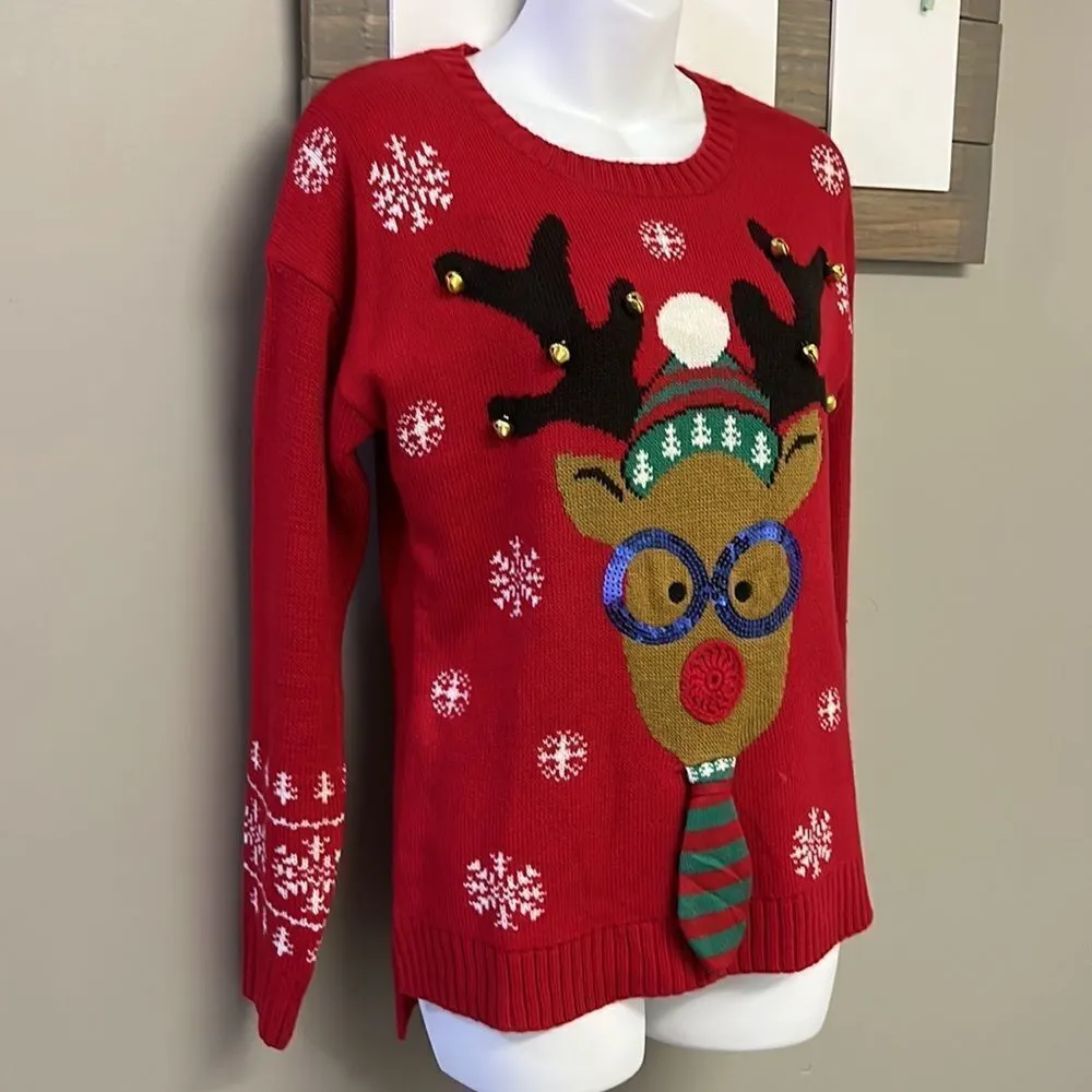 United States Sweater Red Christmas Crewneck Sweater with Reindeer & Bells-Small - Image 4