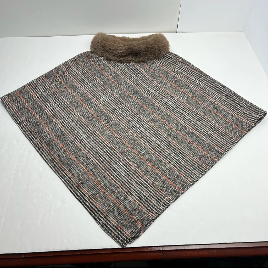 Vintage‎ Faux Fur Neckline Plaid Cape One Size Brown See Measurements Preppy - Image 2