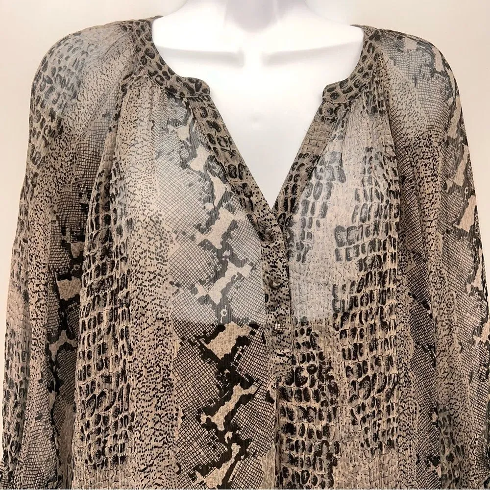 Banana Republic Women's Sheer Croc Print Blouse 3/4 Sleeve-Brown/Black Tone-Sz L - Image 2
