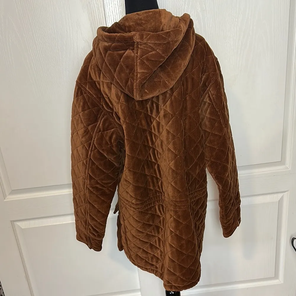 VINTAGE Brown CORDUROY Quilted Women's ZIP UP HOODED WARM Jacket Size M - Image 4
