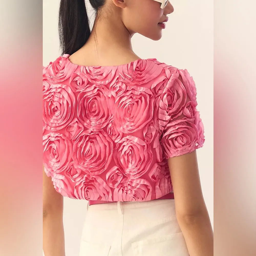 Anthropologie HUTCH Cropped Rosette Appliqué Topper in Pink, Size: XS/S, NWT - Image 4