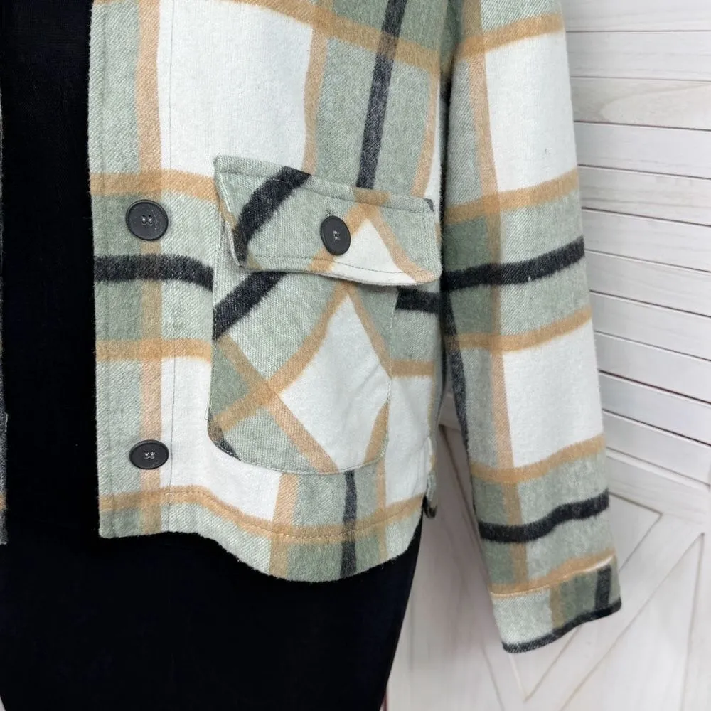 Zara Plaid Flannel Wool Blend Crop Shacket Jacket Green Ivory Large - Image 6