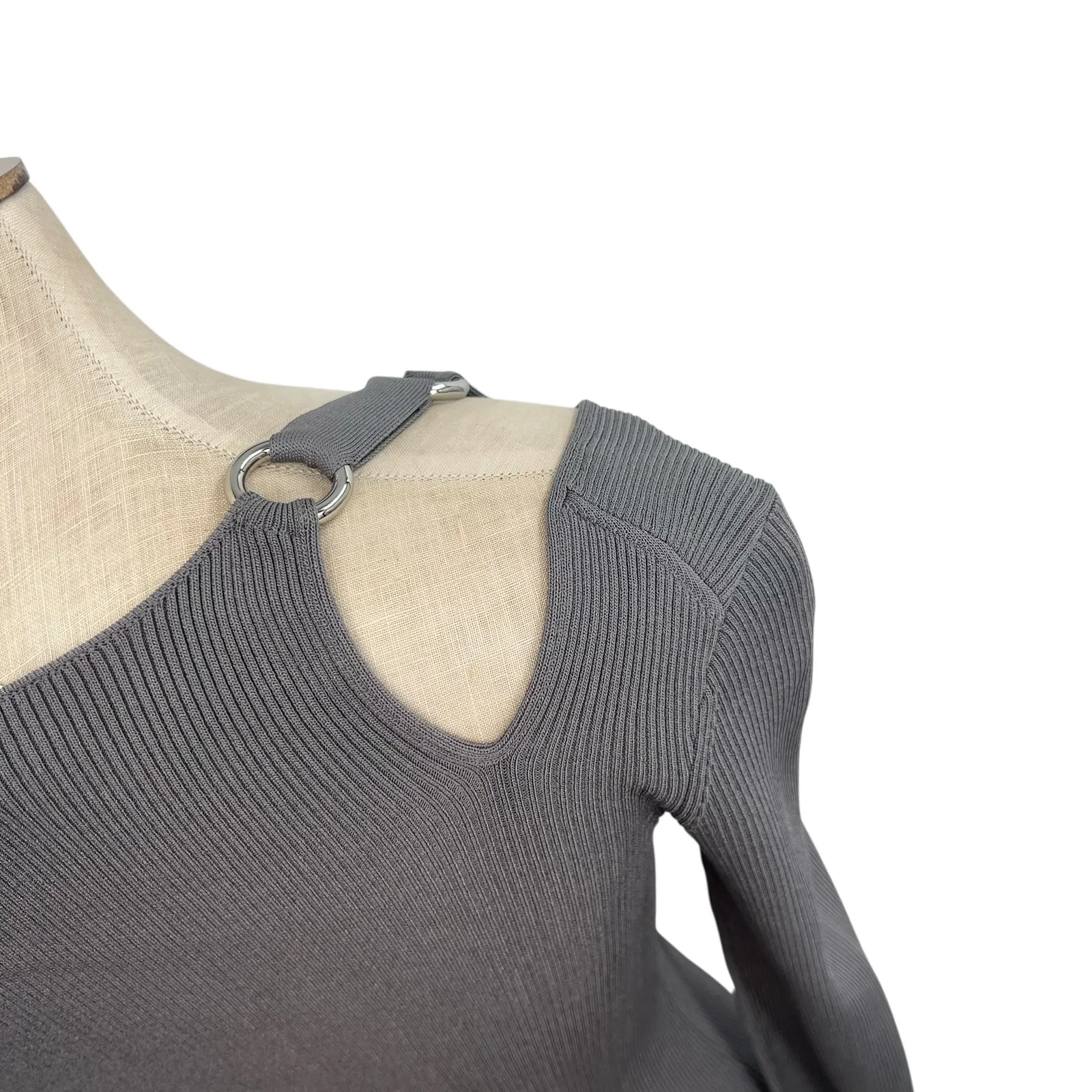 Helmut Lang Ring Shoulder Knit Top Sweater Cut Out Gray Silver Size XS - Image 5