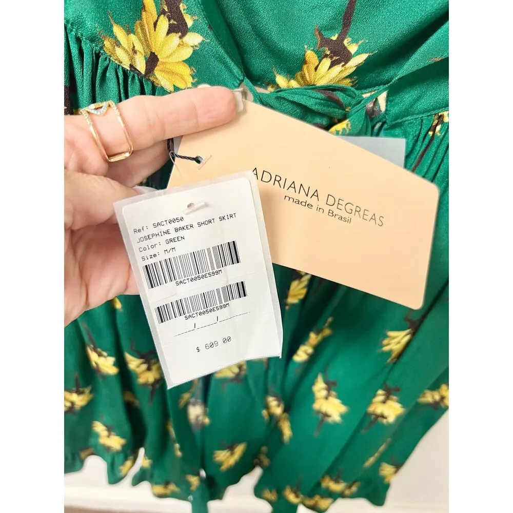 NWT Adriana Degreas Josephine Baker 100% Silk Floral Short Skirt Emerald Green M Size M - Image 5