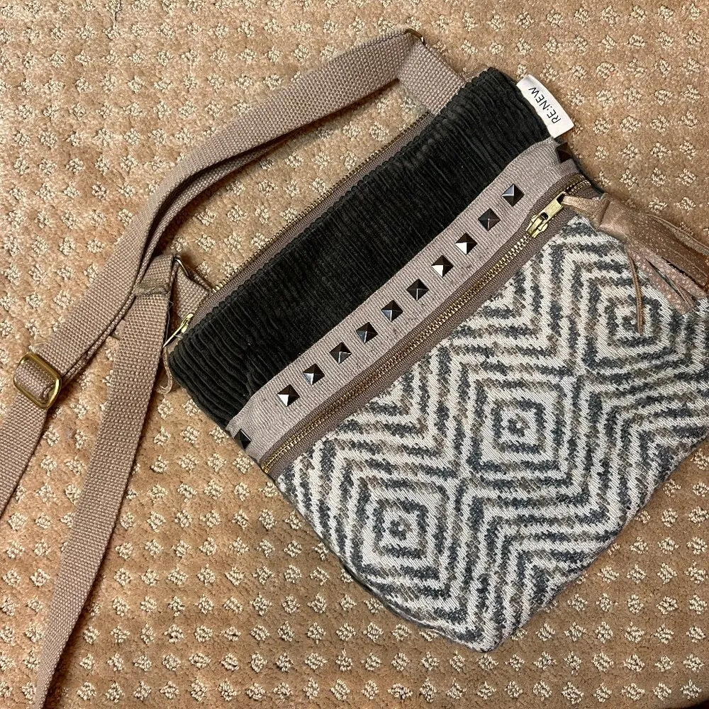 Renewproject.org Carry The Story Handmade Cloth Tote Woven Leather RE:NEW Upcycl Brown - Image 2