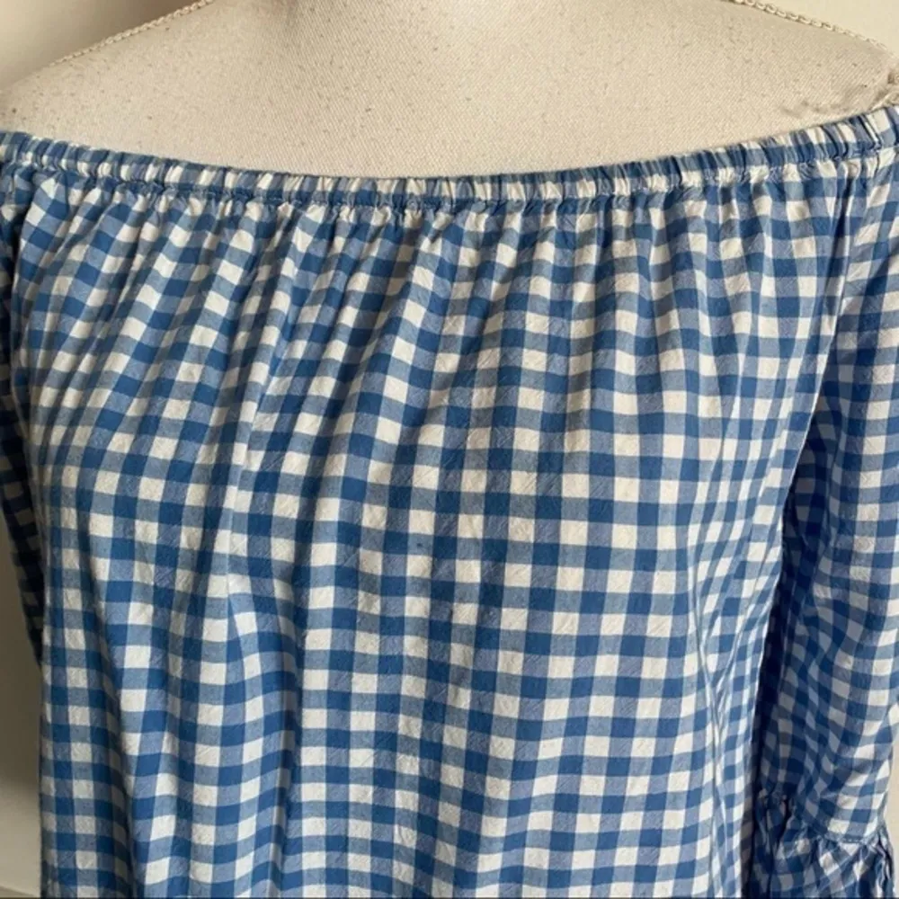 BeachLunchLounge • Blue White Gingham Plaid Off Shoulder Blouse - Image 41