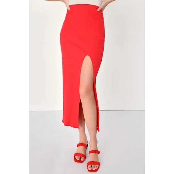 Lulus Ribbed Knit Midi Skirt with Side Slit Red Size Small - Image 7