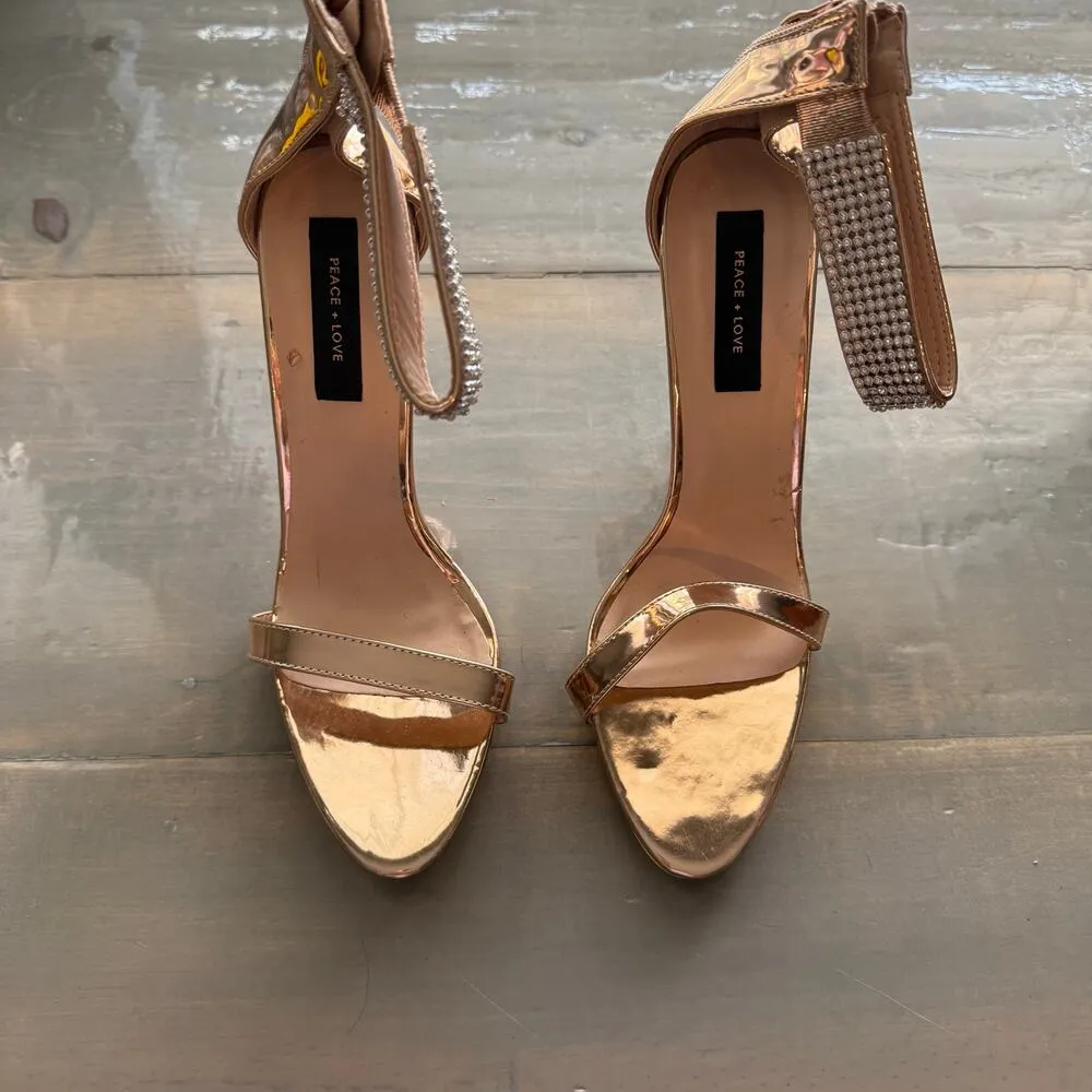 Peace + Love Rose Gold Rhinestone Strappy Heels Sz 8 - Image 2