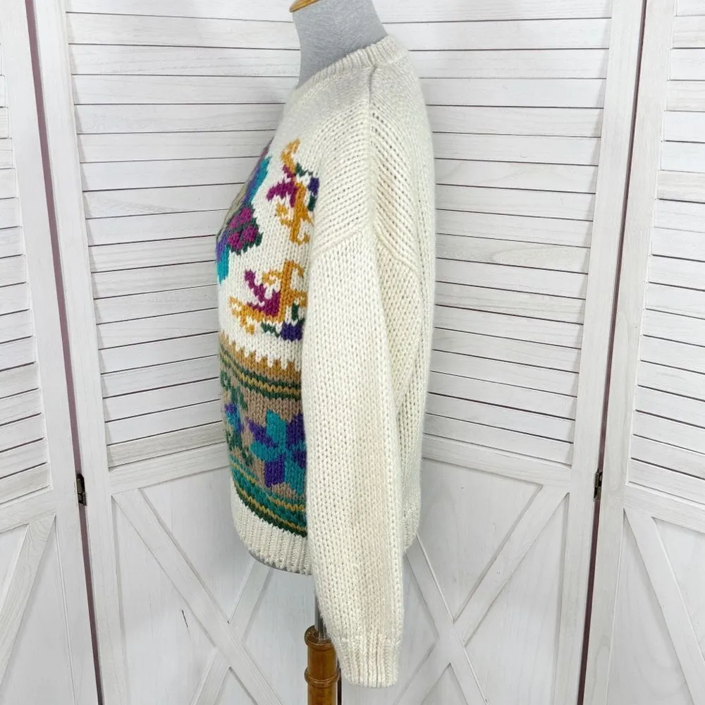 Vintage Rafferty 80s 90s‎ Floral Chunky Knit Sweater Ivory Large Crewneck Tan - Image 2