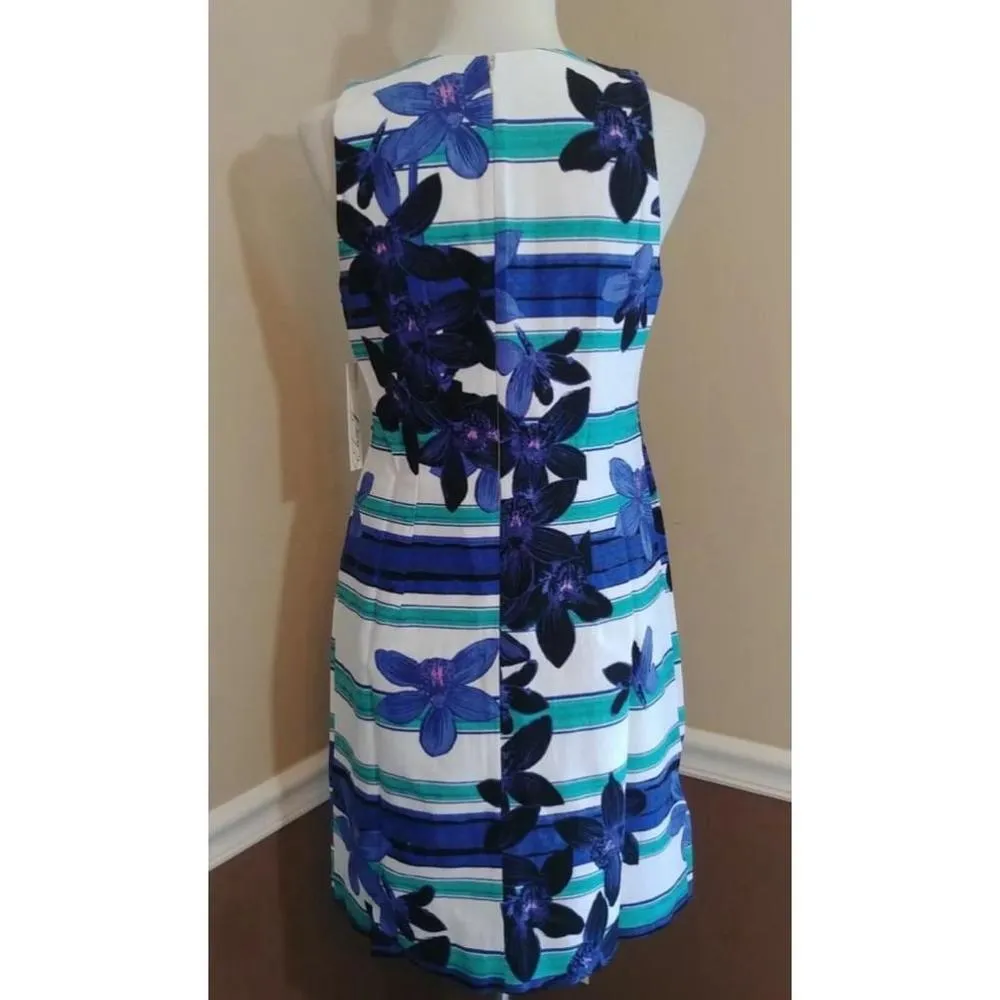 ModCloth Eliza J White Blue & Green Striped Floral Sleeveless A-Line Dress 8 - Image 4