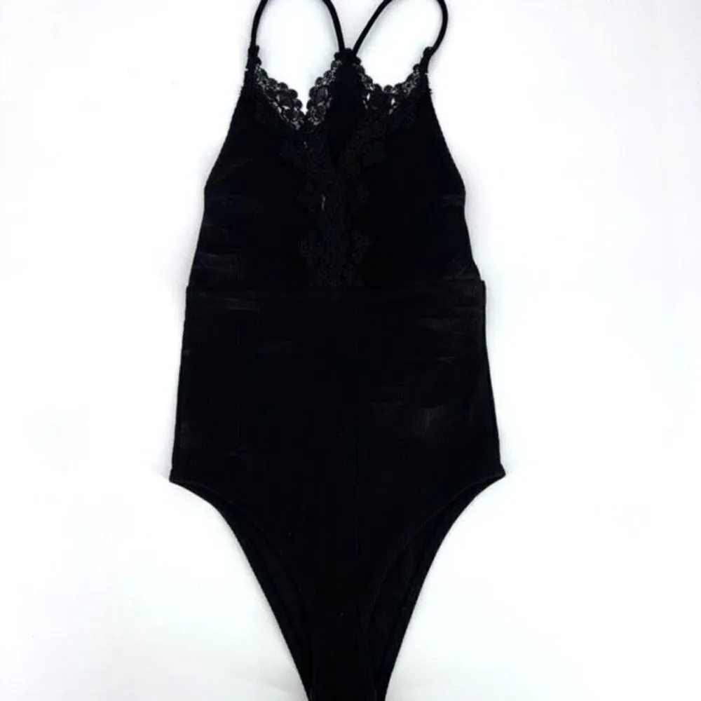NWT Topshop Bodysuit Top Ribbed Knit and Lace Trim‎ Strappy Straps Black Size US - Image 2