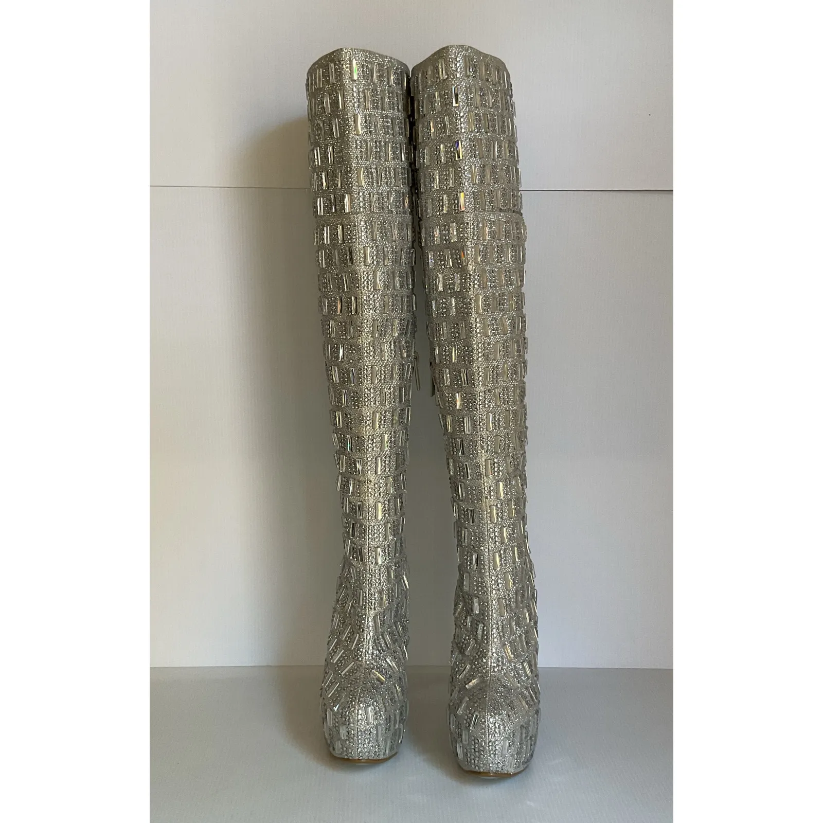Shiekh Over Knee High Heel Boots Silver Rhinestone Glam Party Women 9 Evening - Image 3