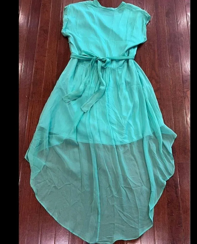 100% silk plunging V-neck aqua high low dress size small - Image 4