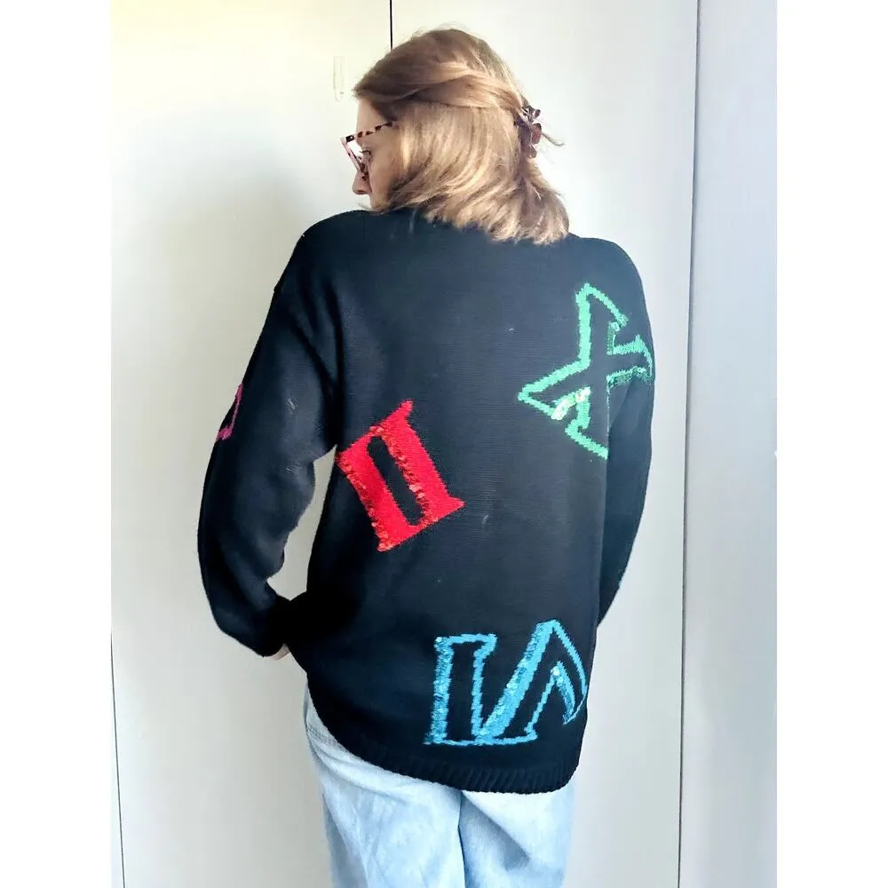 Vintage 90s Sweater Chaus Sport Size Black Sequin Roman Numerals Unique - Image 6