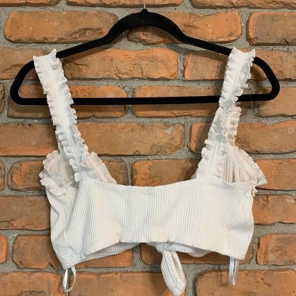 Sabo Skirt Women's Ribbed Lettuce Trim Ruffle Tie Front Crop Top Tank White‎ - L - Image 2