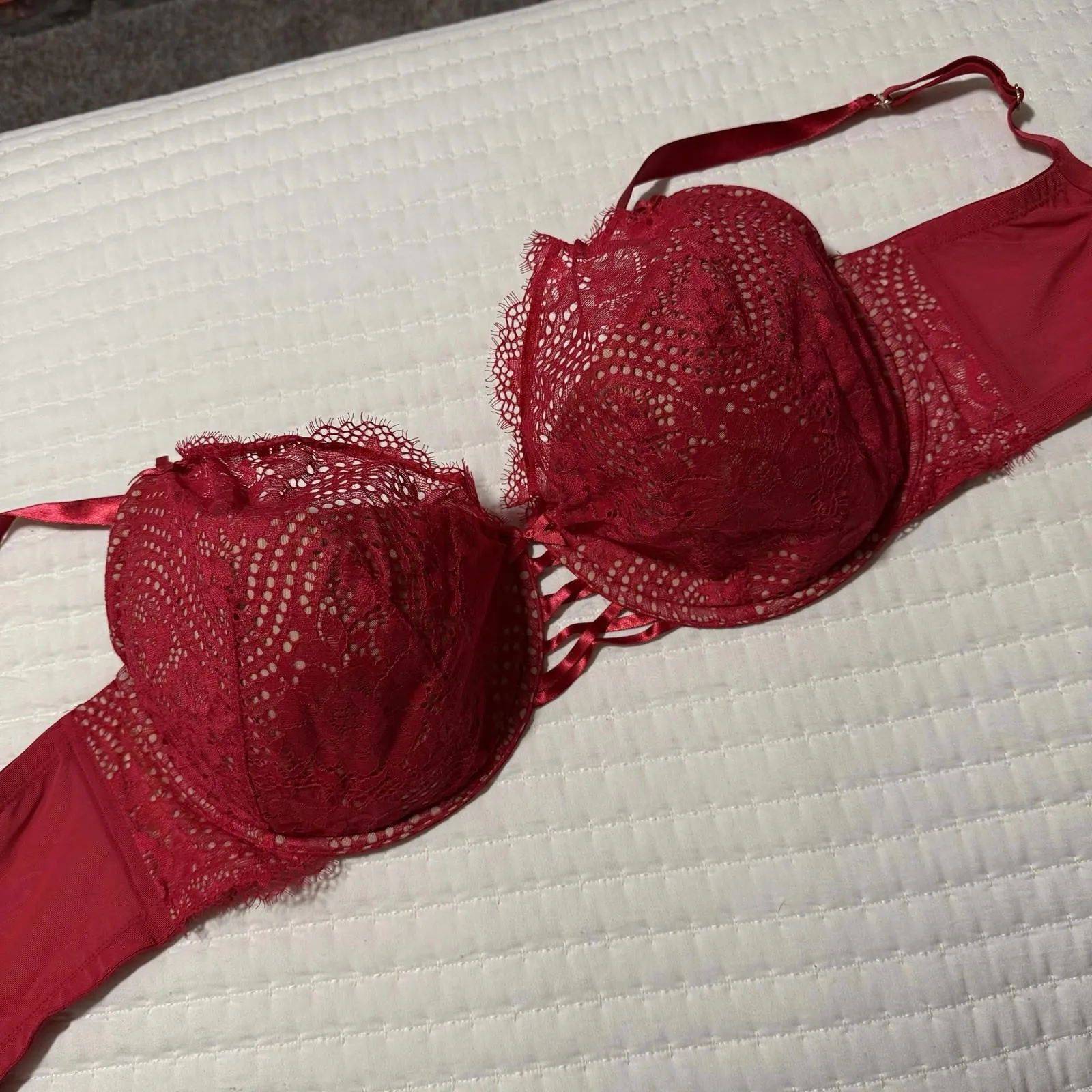 Cacique 40H Red Lace Lightly Lined French Balconette Bra Underwire - Image 10