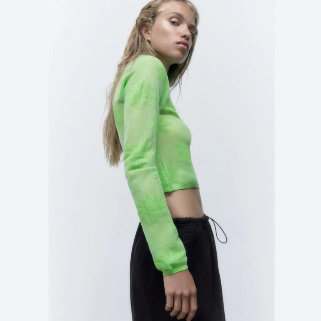 NWT ZARA FLORAL KNIT SWEATER SEMI SHEER LIGHTWEIGHT GREEN - Image 5