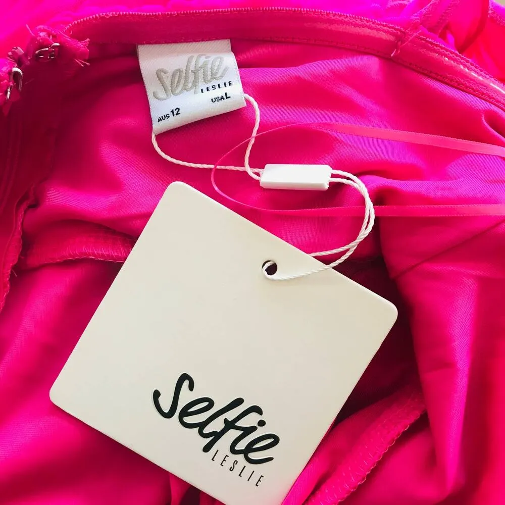 New Selfie Leslie Hot Pink Ruched Off Shoulder Ruffle Midi Dress Women Size L - Image 8