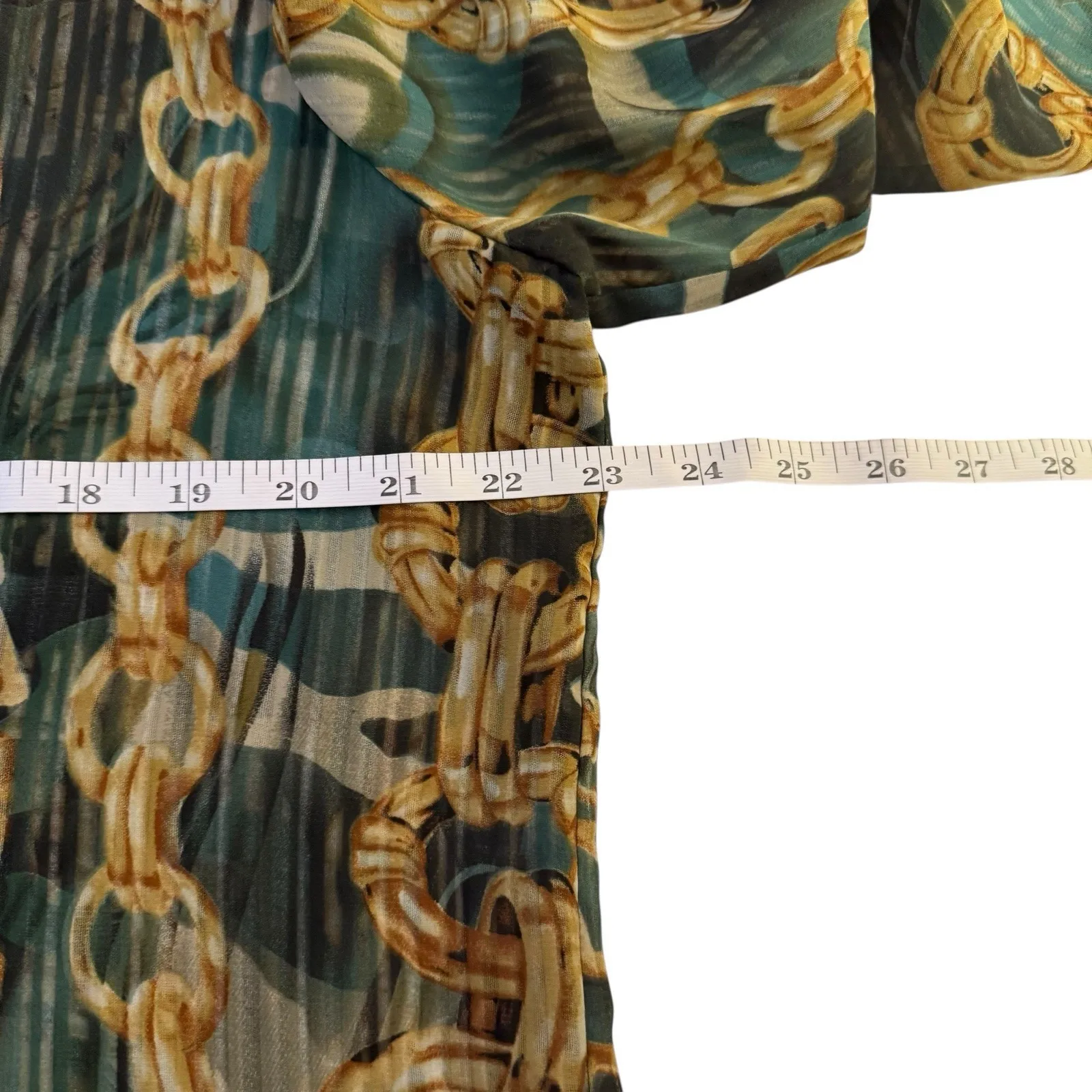 Susan Graver Green Gold Equestrian Sheer Blouse Size Large Chain Old Money Horse - Image 7