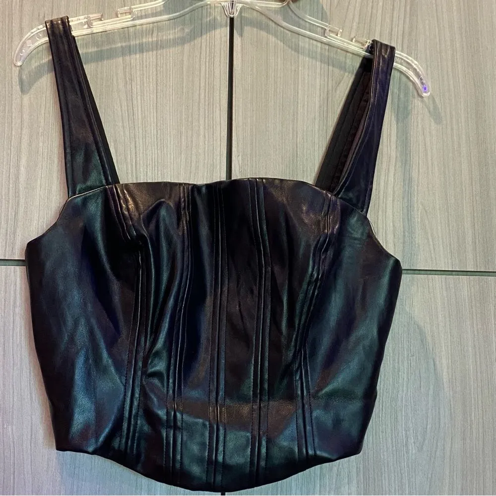 Stitch & Pine Black Vegan Faux Leather Crop Top Bustier Corset Tank NWT Large - Image 3